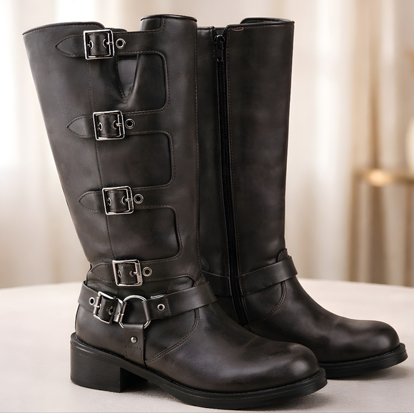 wild fable Shoes - Wild Fable Womens Faux Brown Leather Knee Hi Moto Buckle Boots - Size 8.5